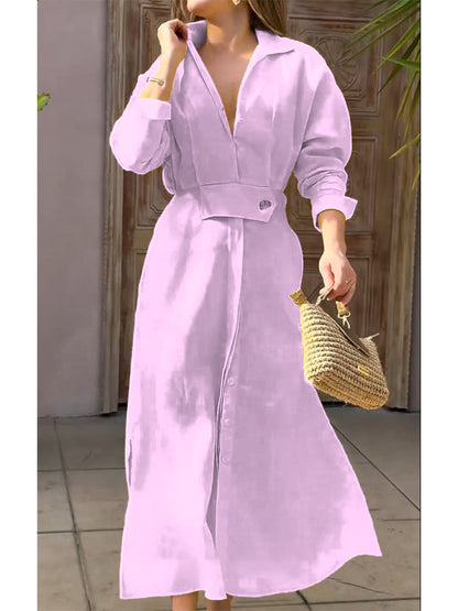 Women's Waisted Linen Cotton Long Sleeve Dress