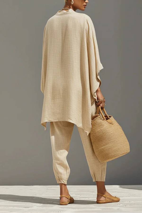 Light Khaki Minimalist Asymmetrical Hem Top And Jogger Pants Suit