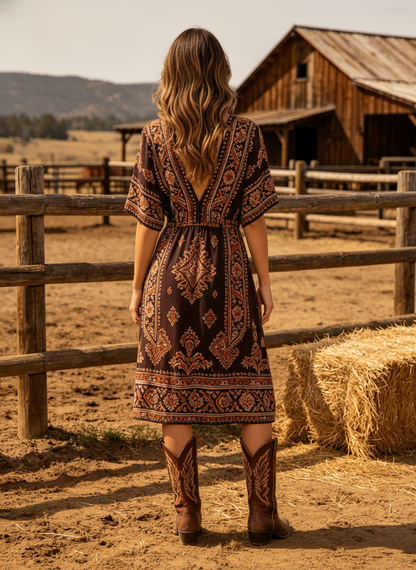 Women's Western Cowboy Silk-like Boho Print V-Neck Midi Dress With Flowy Fit And Embroidered Pattern