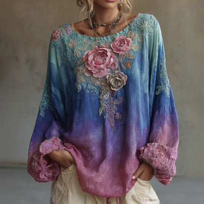 Women's Retro Bohemian Style Floral Embroidered Linen T-shirt