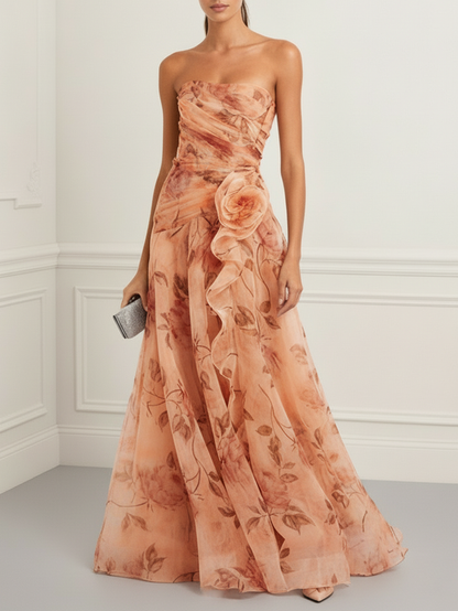 Pink Floral 3D Floral Tulle Strapless Sleeveless A-Line Floor-length Gown Dress