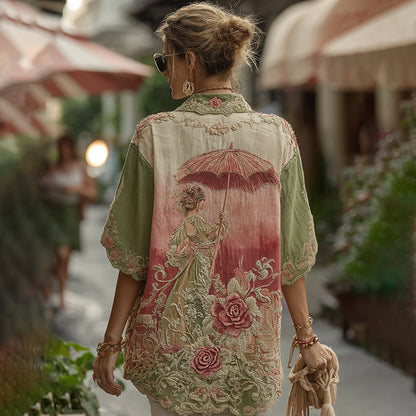 Love & Health Collection Classic Rose And Floral Art Linen Lapel Shirts