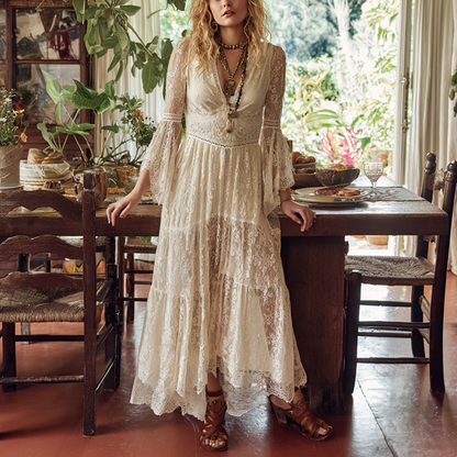 Lace Long Dress With Bell Sleeves And Deep V-Neckline For Women Bohemian Style Maxi Dress Elegant Summer Dress