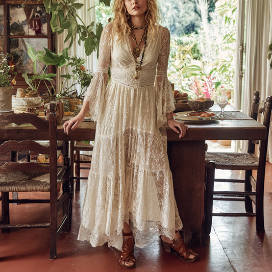 Lace Long Dress With Bell Sleeves And Deep V-Neckline For Women Bohemian Style Maxi Dress Elegant Summer Dress