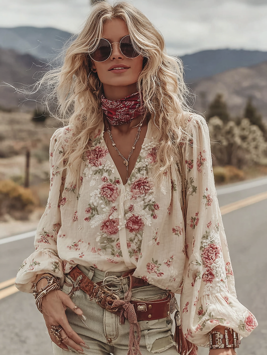 Women's Vacation Roses Print V-neck Linen Blend T-shirt