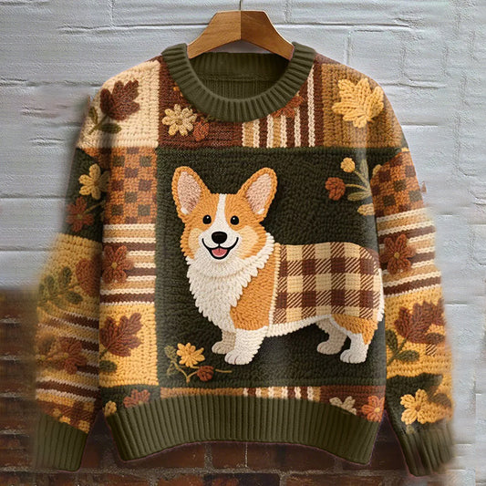 Vintage Corgi Dog With Felt Inspired Embroidered Cozy Knit Sweater