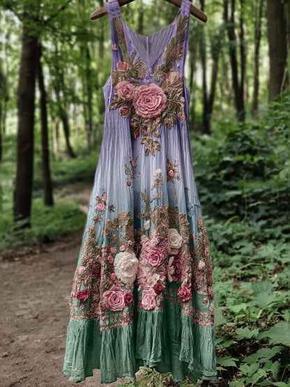 Vintage Classy Boho Gradient Pink Roses Embroidered Linen Maxi Dress 3fee