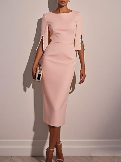 White Faux Pearl Classic Crew Neck Half Sleeve Sheath Midi Dress