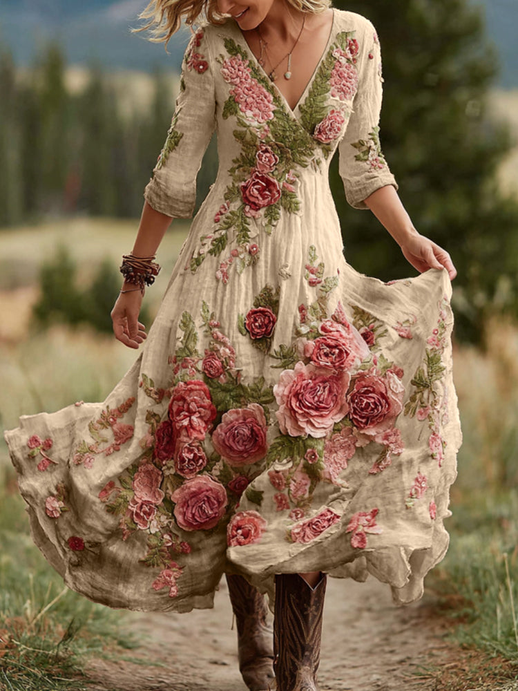 Women's Vintage Rose Floral Art V Neck Linen Blend Comfy Maxi Dress 3771