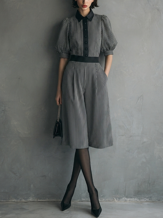 Women's Vintage Black & Gray Cotton-Blend Striped Color-Blocked Collared Waisted Culotte Jumpsuit MDZ2128D6GMJ
