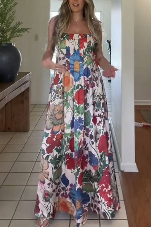 Multi-Color Floral Print Strapless/Spaghetti Strap Draped Maxi Dress