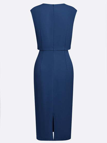 Purplish Blue Ruched Cut Out Classic Crew Neck Cap Sleeve Sheath Midi Dress