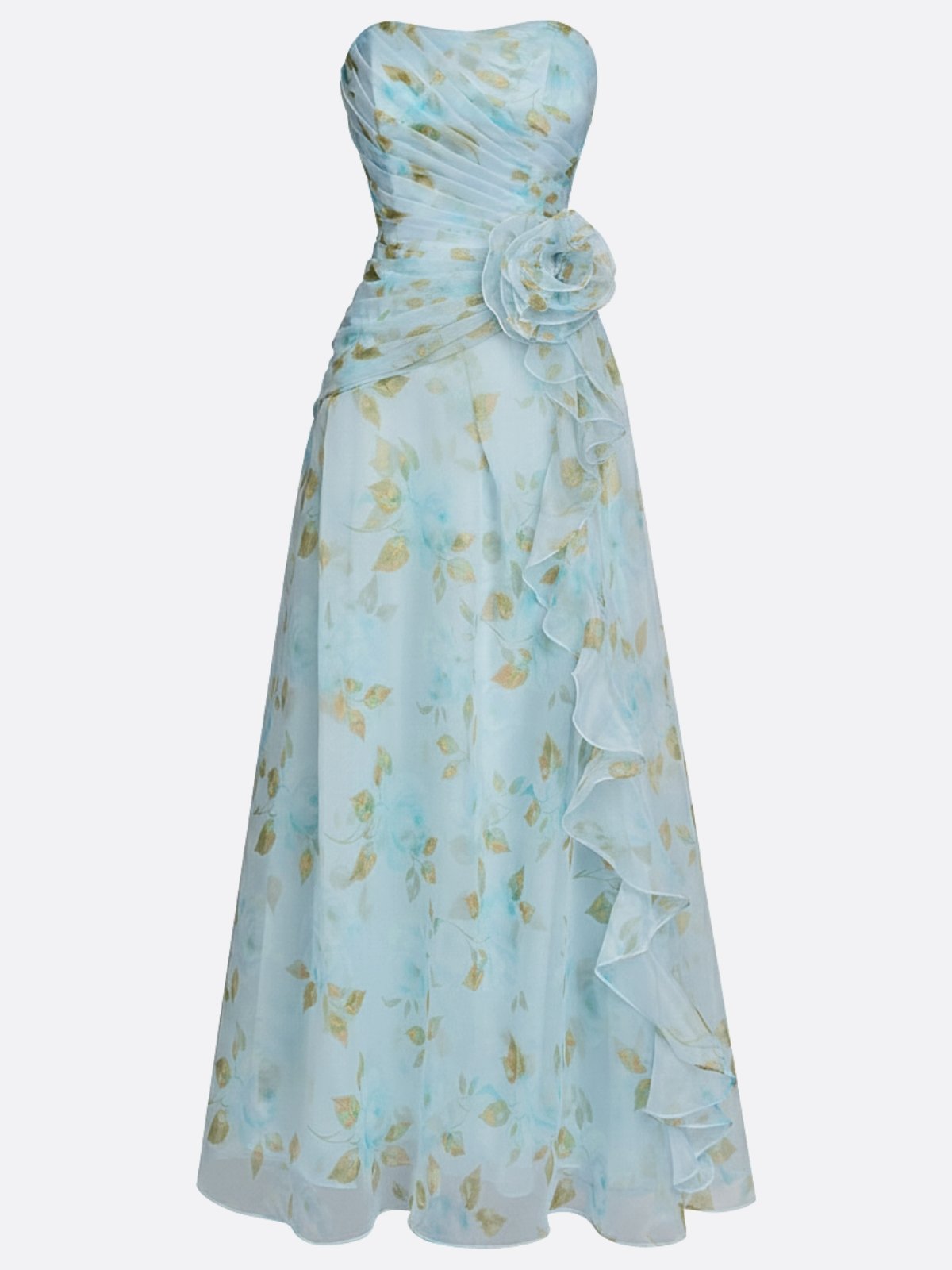 Light Blue Floral 3D Floral Tulle Strapless Sleeveless A-Line Floor-length Gown Dress