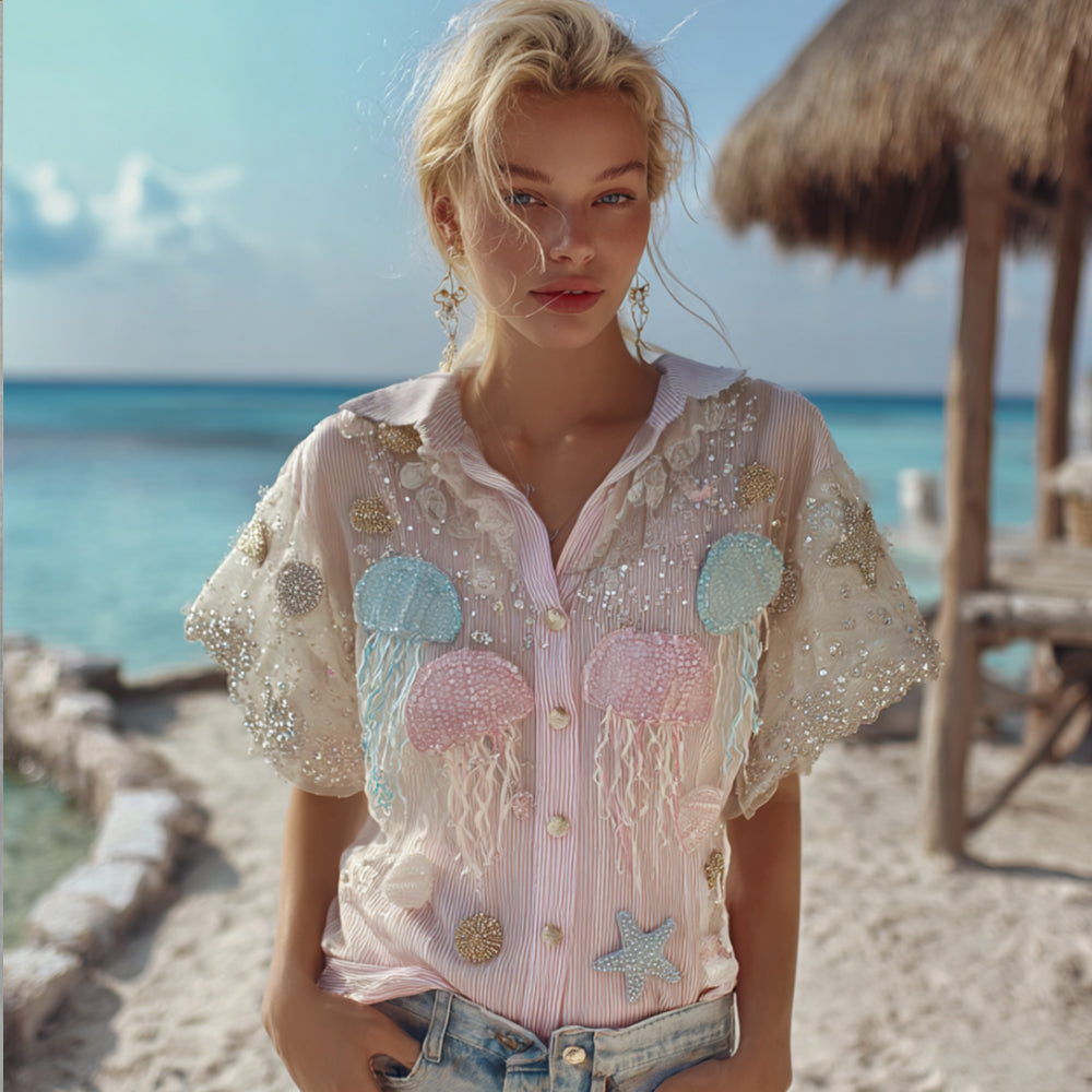Boh¨¨me Marine Jellyfish Art Leisure Stripes Collar Shirt