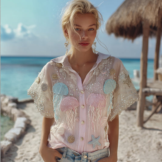 Boh¨¨me Marine Jellyfish Art Leisure Stripes Collar Shirt