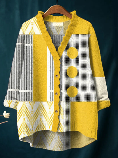 Women's Vintage Abstract Geometric Art Print Casual Peter Pan Collar 3/4 Sleeve Sweater