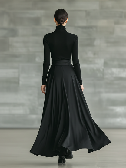Women's Black High-Neck High-Stretch Knitted And Satin Flared Maxi Dress MDA2851J4T