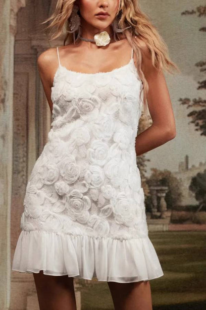 3D Rose Jacquard Spaghetti Strap Ruffle Hem Mini Dress
