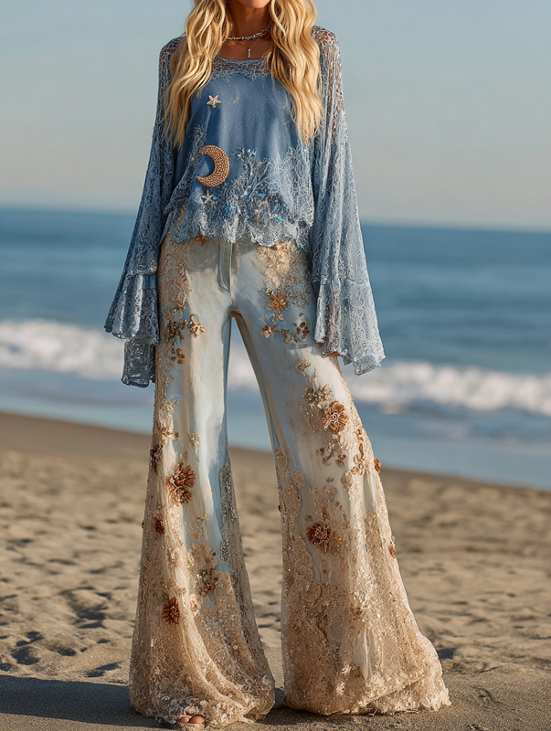 Seaside Stars and Moon Retro Top + Pants Set e7e0