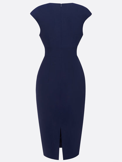 Purplish Blue Ruched Crew Neck Sleeveless Sheath Midi Dress