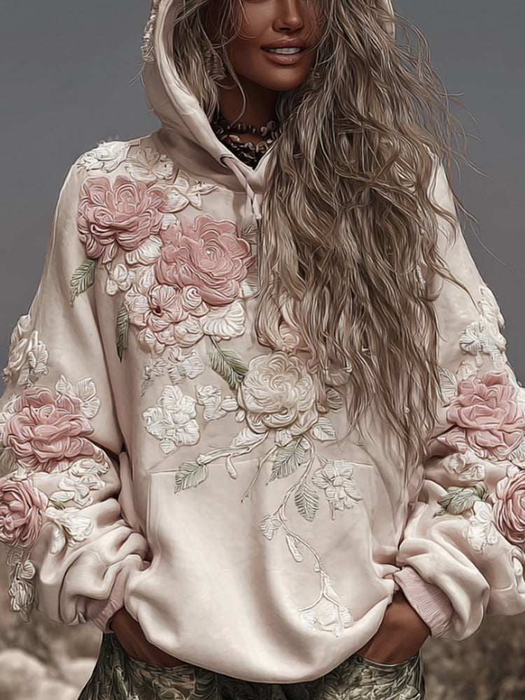 Women's Rose Pattern White Casual Long-sleeved Sweatshirt