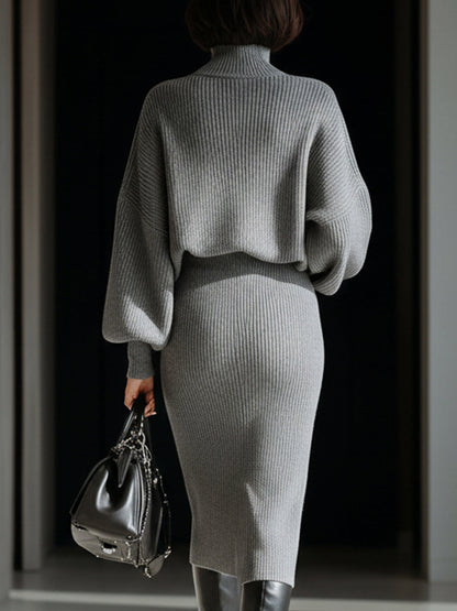 Gray Ribbed Turtleneck Batwing Sweater Dress