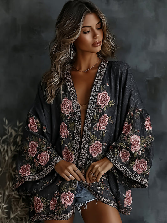 Women's Vintage  Spring Floral Roses Embroidered Art Print Flowy Linen Blend Kimono