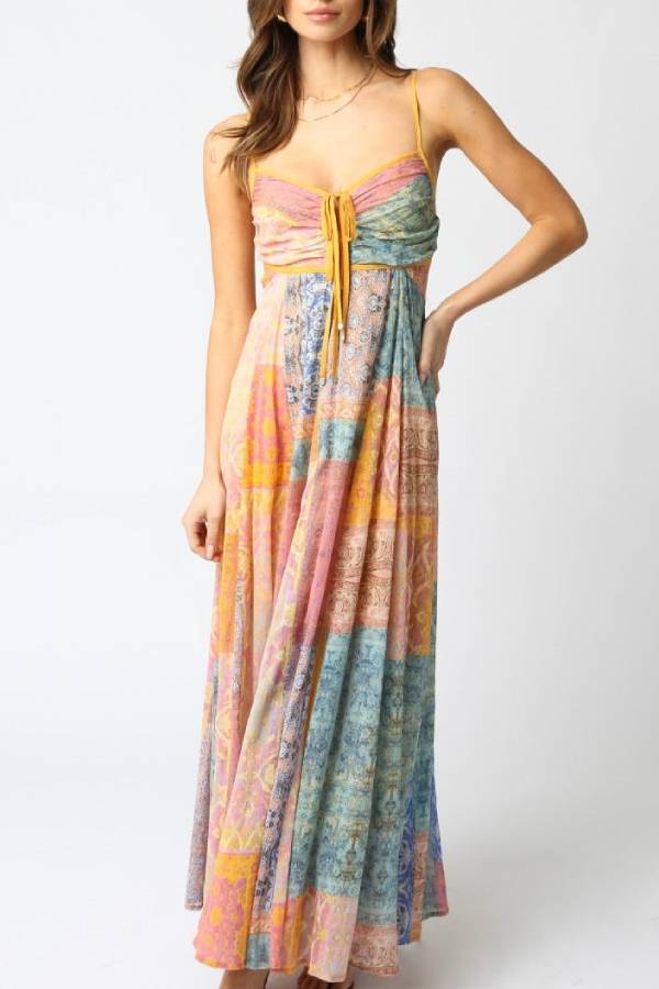 Bohemian Patchwork Print Knot-Detail Strappy Maxi Dress