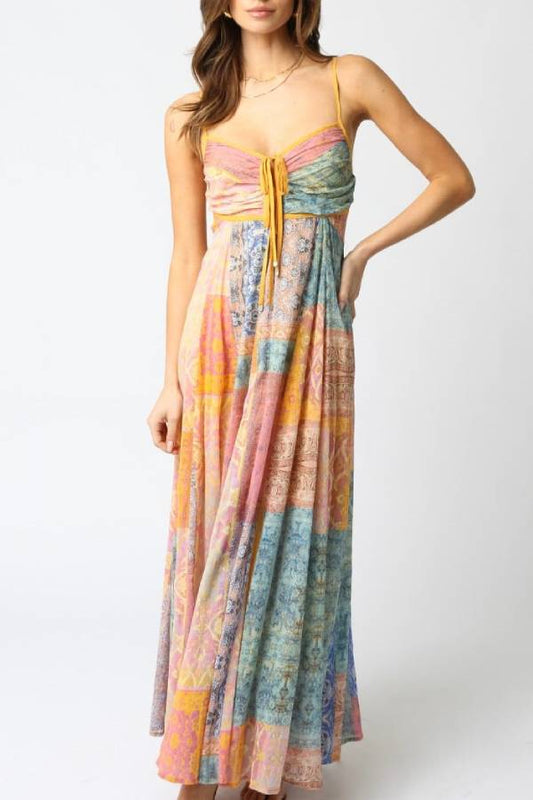 Bohemian Patchwork Print Knot-Detail Strappy Maxi Dress