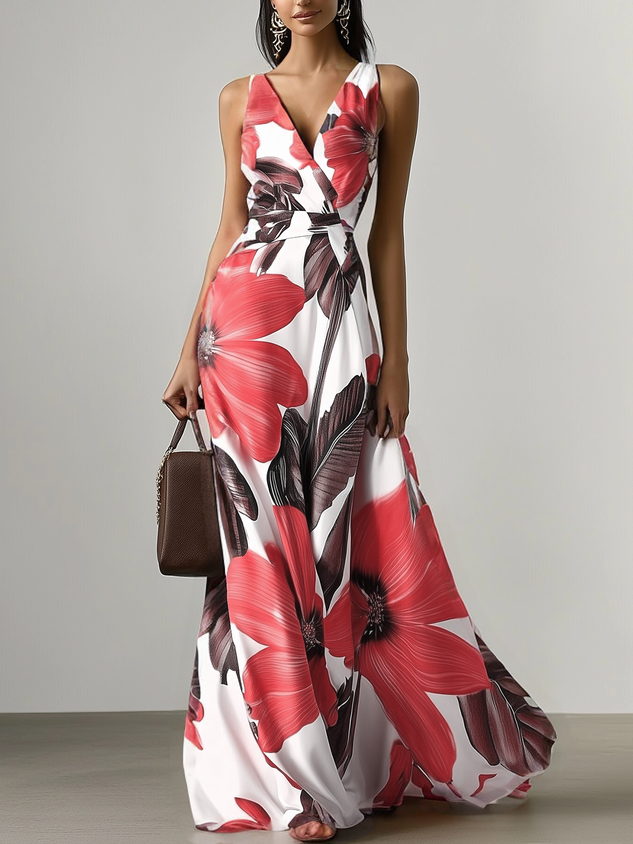 Orange Floral Satin V Neck Sleeveless A-Line Maxi Dress With Pockets