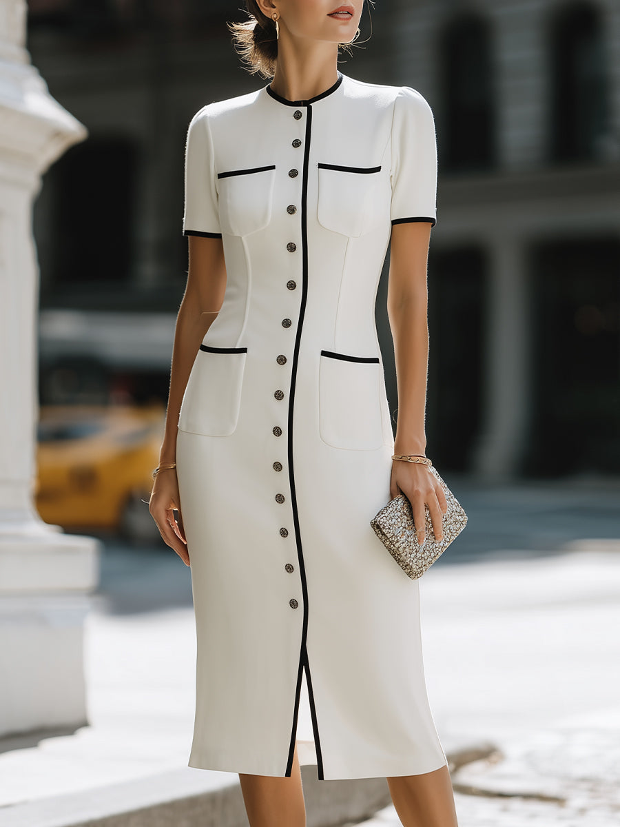 Contrast Trim Button-Front Tailored Midi Dress
