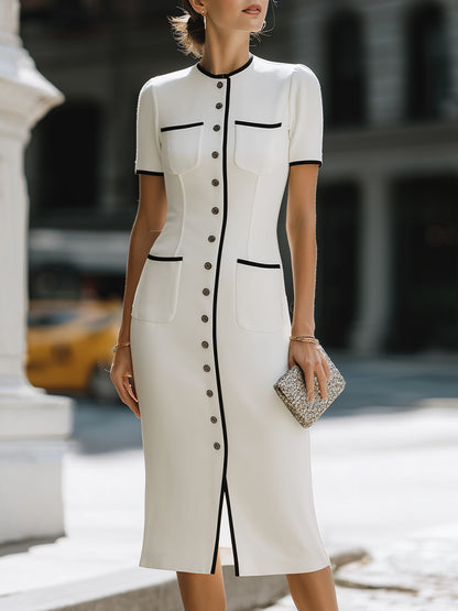 Contrast Trim Button-Front Tailored Midi Dress