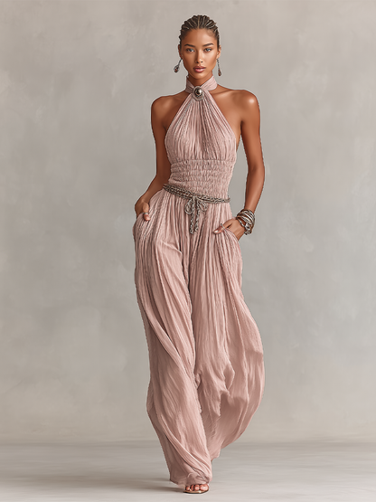 Women's Blush Pleated Jumpsuit With Halter Neck & Ruched Waist, Timeless Romantic-Elegant Style Jumpsuit (without Belt) MDZ1133B7I