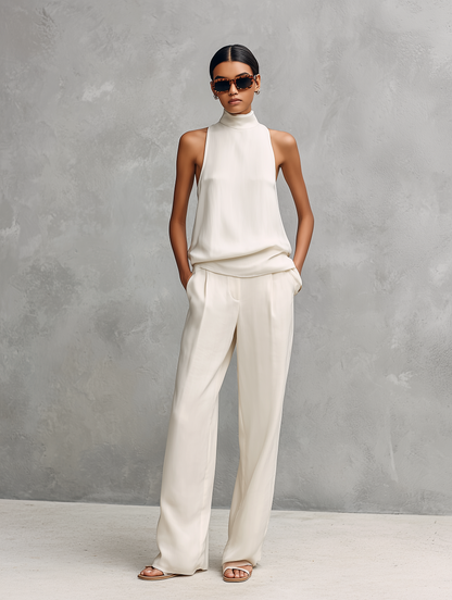 Women's Elegant Black Cotton And Linen Round-neck Sleeveless Top And Trousers Set MDZ1441A4AN
