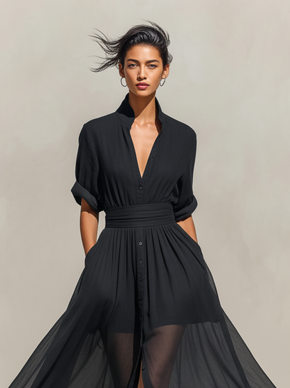 Women's Black Flowy Rayon Dress With Sheer Overlay & Elasticated Waist, Modern Sophisticated-Resort Style Dress MDZ1863C5I