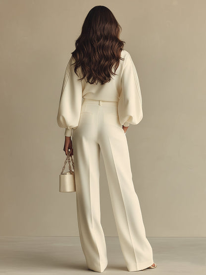 Women's Ivory Textured Set With Ribbed Crew Neck & High-Waisted Bottoms, Modern Sophisticated Style Set MDA2231L6I